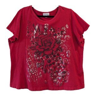 Y2K Fashion Bug Graphic Rose & Animal Print Tee Size 2X Red & Black Short Sleeve